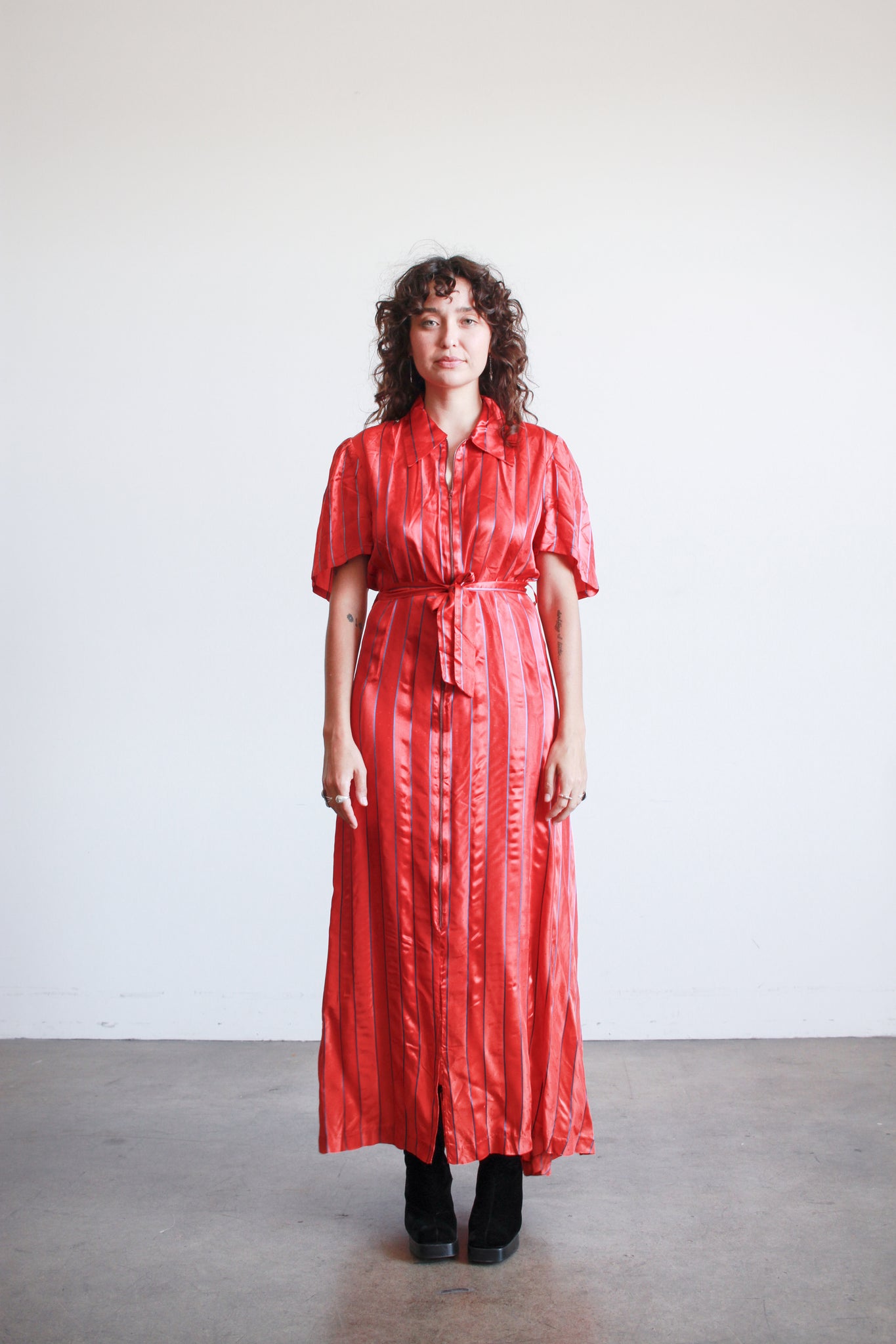 1940s Cherry Red Striped Rayon Dress