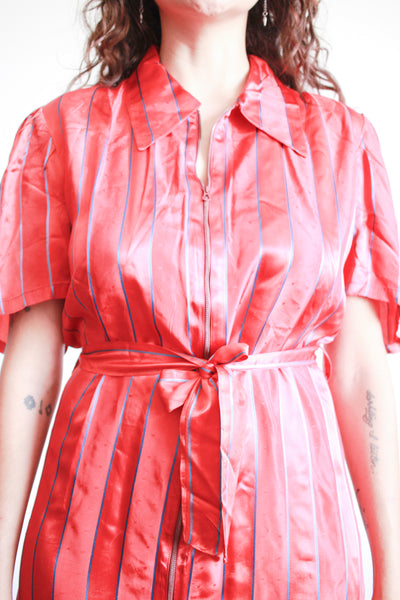 1940s Cherry Red Striped Rayon Dress
