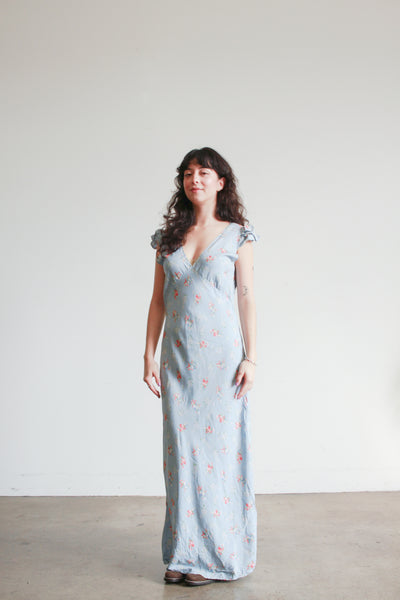 1930s Cornflower Blue Floral Cap Sleeve Bias Nightgown