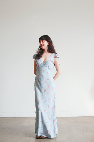 1930s Cornflower Blue Floral Cap Sleeve Bias Nightgown