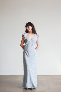 1930s Cornflower Blue Floral Cap Sleeve Bias Nightgown