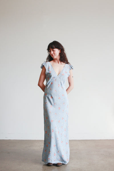 1930s Cornflower Blue Floral Cap Sleeve Bias Nightgown
