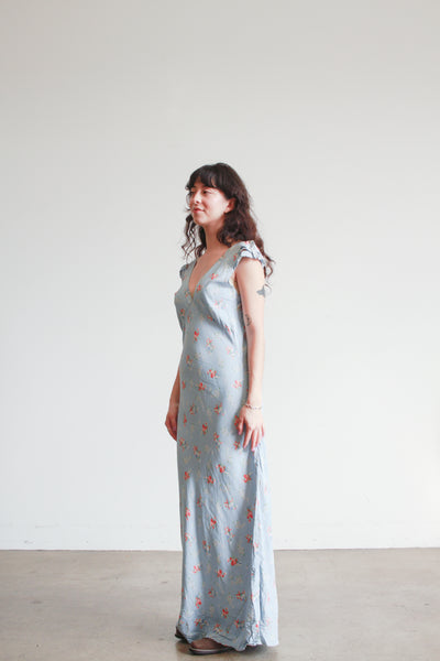 1930s Cornflower Blue Floral Cap Sleeve Bias Nightgown
