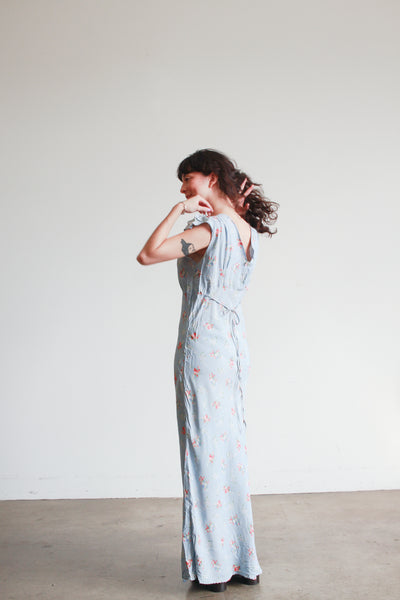 1930s Cornflower Blue Floral Cap Sleeve Bias Nightgown