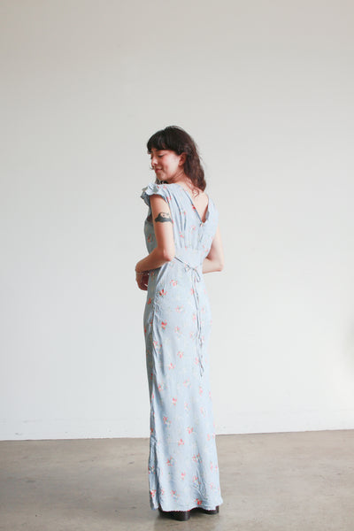 1930s Cornflower Blue Floral Cap Sleeve Bias Nightgown