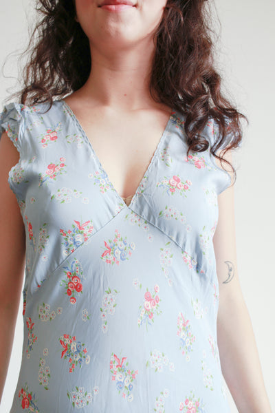 1930s Cornflower Blue Floral Cap Sleeve Bias Nightgown