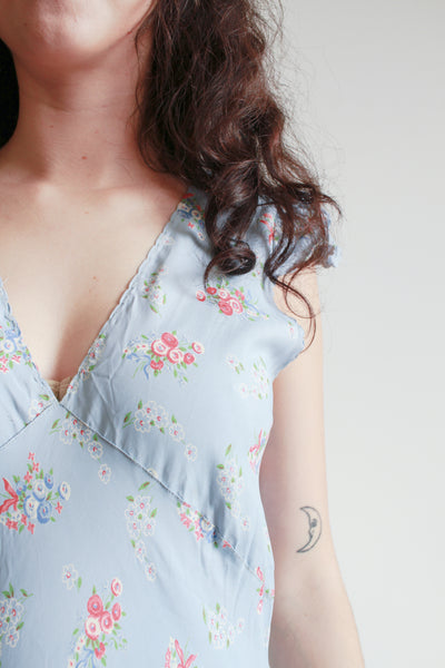 1930s Cornflower Blue Floral Cap Sleeve Bias Nightgown