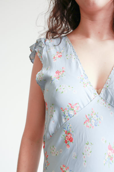 1930s Cornflower Blue Floral Cap Sleeve Bias Nightgown