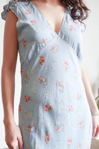 1930s Cornflower Blue Floral Cap Sleeve Bias Nightgown