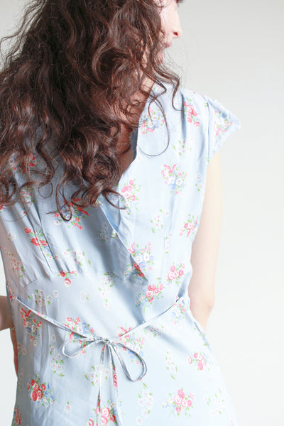 1930s Cornflower Blue Floral Cap Sleeve Bias Nightgown