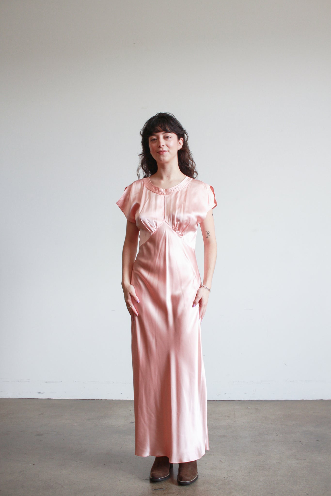 1990s Natori Salmon Silk Bias Cut Dress