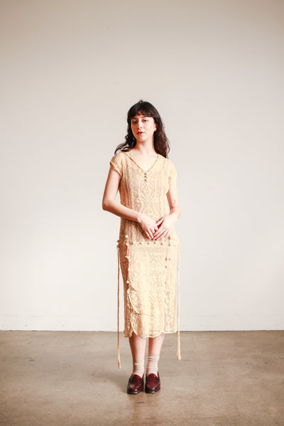 1920s Ecru Net Filet Lace Dress