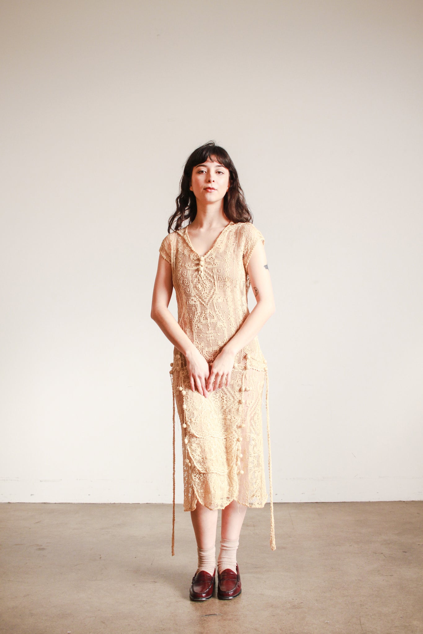 1920s Ecru Net Filet Lace Dress