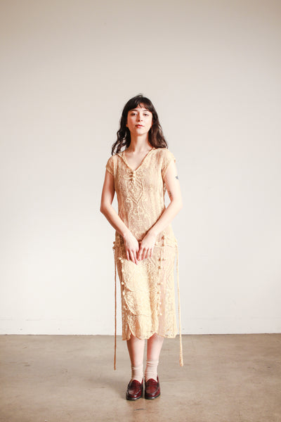 1920s Ecru Net Filet Lace Dress