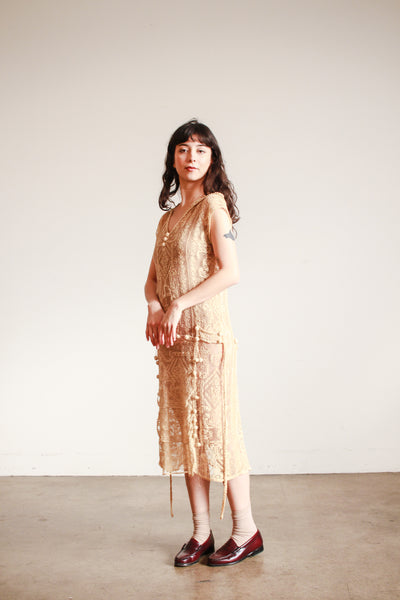 1920s Ecru Net Filet Lace Dress