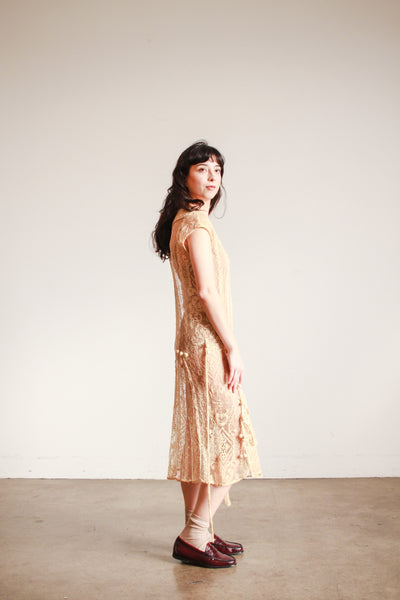 1920s Ecru Net Filet Lace Dress