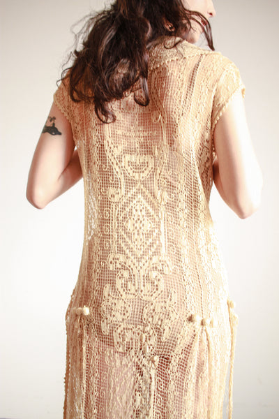 1920s Ecru Net Filet Lace Dress