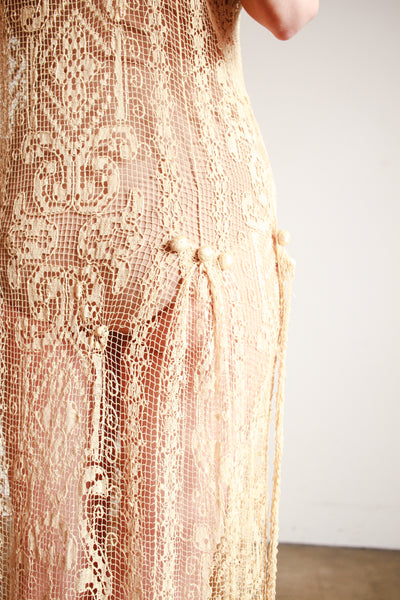 1920s Ecru Net Filet Lace Dress