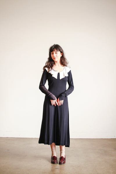 1970s Jean Muir Black Collared Rayon Midi Dress