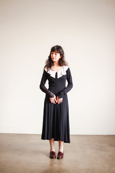 1970s Jean Muir Black Collared Rayon Midi Dress