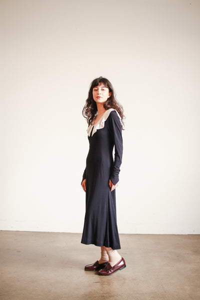 1970s Jean Muir Black Collared Rayon Midi Dress