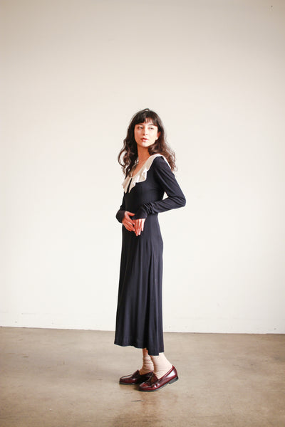 1970s Jean Muir Black Collared Rayon Midi Dress