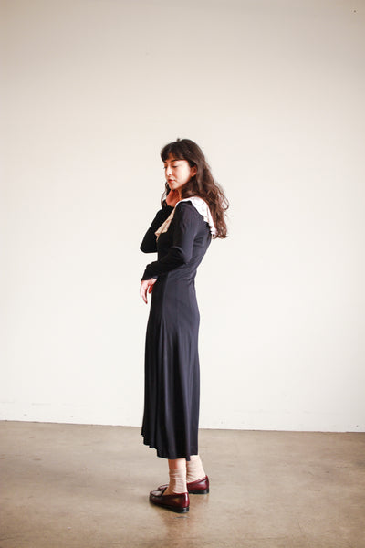 1970s Jean Muir Black Collared Rayon Midi Dress