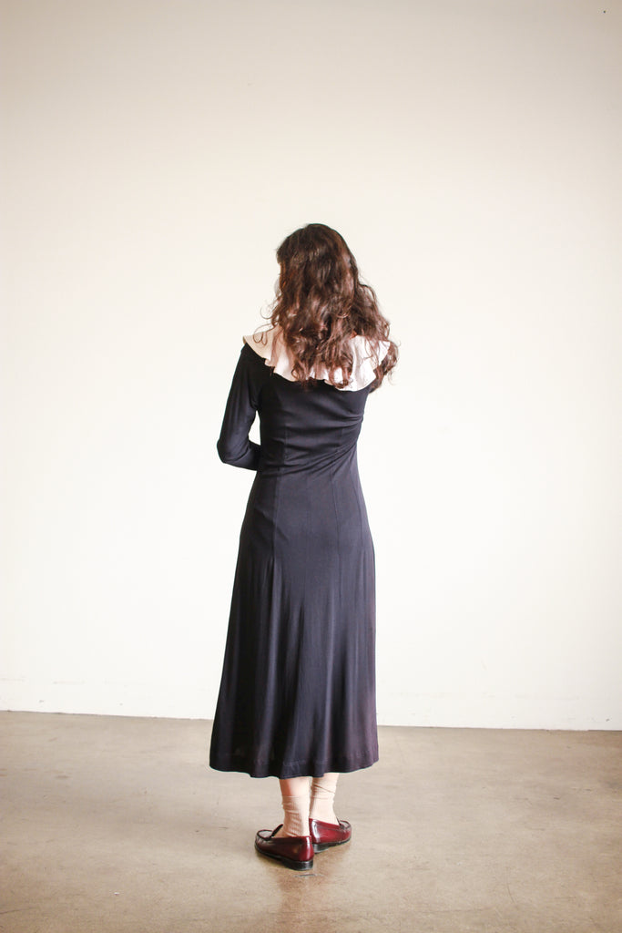 muir midi dress 1970s Jean Muir Black Collared Rayon Midi Dress