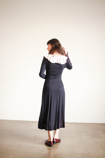 1970s Jean Muir Black Collared Rayon Midi Dress