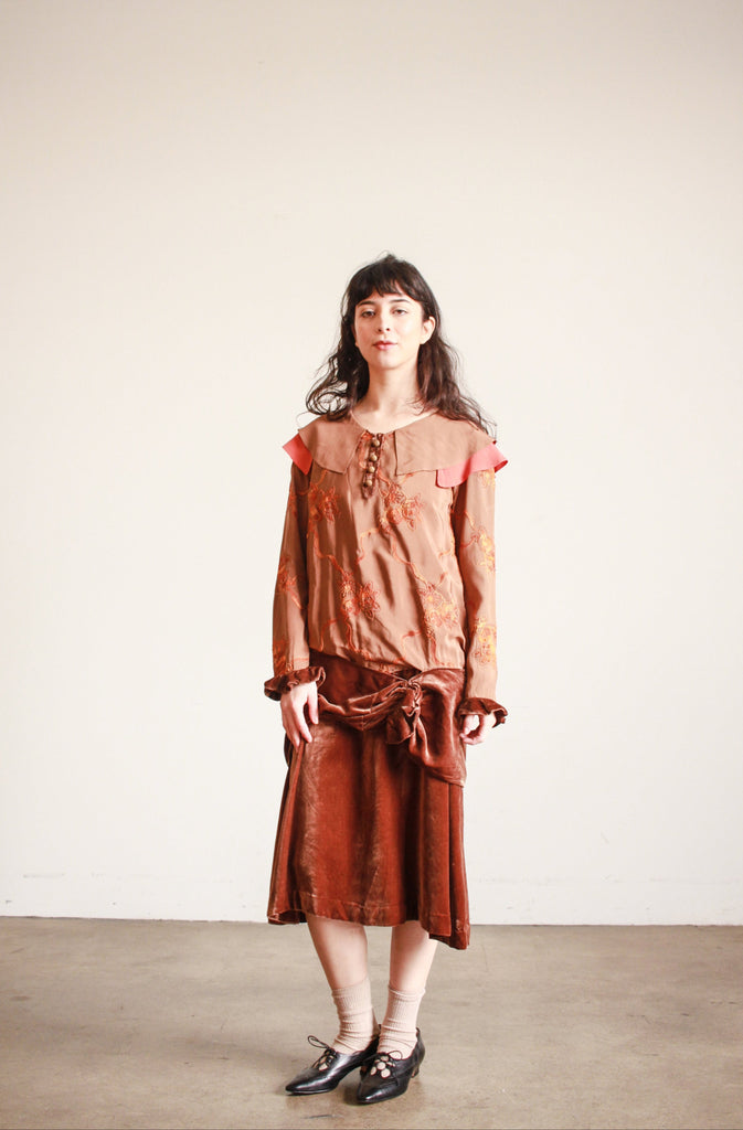 1920s Caramel Silk Embroidered Drop Waist Dress 1920s Caramel Silk Embroidered Drop Waist Dress