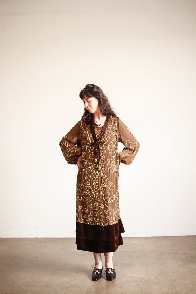 1920s Mocha Silk Fully Beaded Drop Waist Balloon Sleeve Dress Blossom Vintage 1920s Mocha Silk Fully Beaded Drop Waist Balloon Sleeve Dress Blossom Vintage