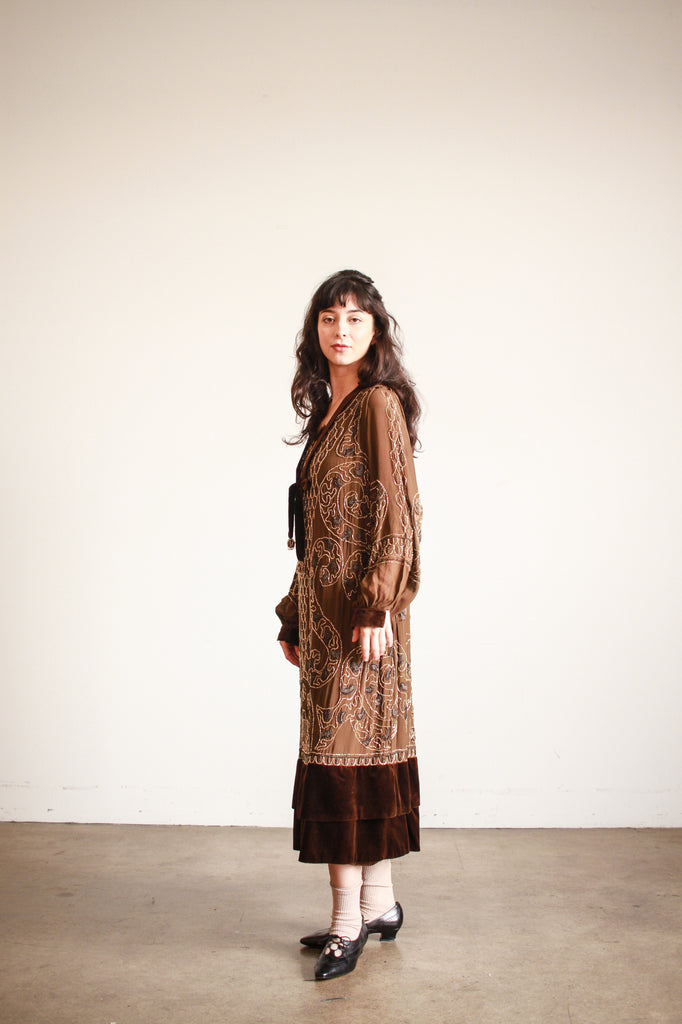 1920s Mocha Silk Fully Beaded Drop Waist Balloon Sleeve Dress Blossom Vintage 1920s Mocha Silk Fully Beaded Drop Waist Balloon Sleeve Dress Blossom Vintage