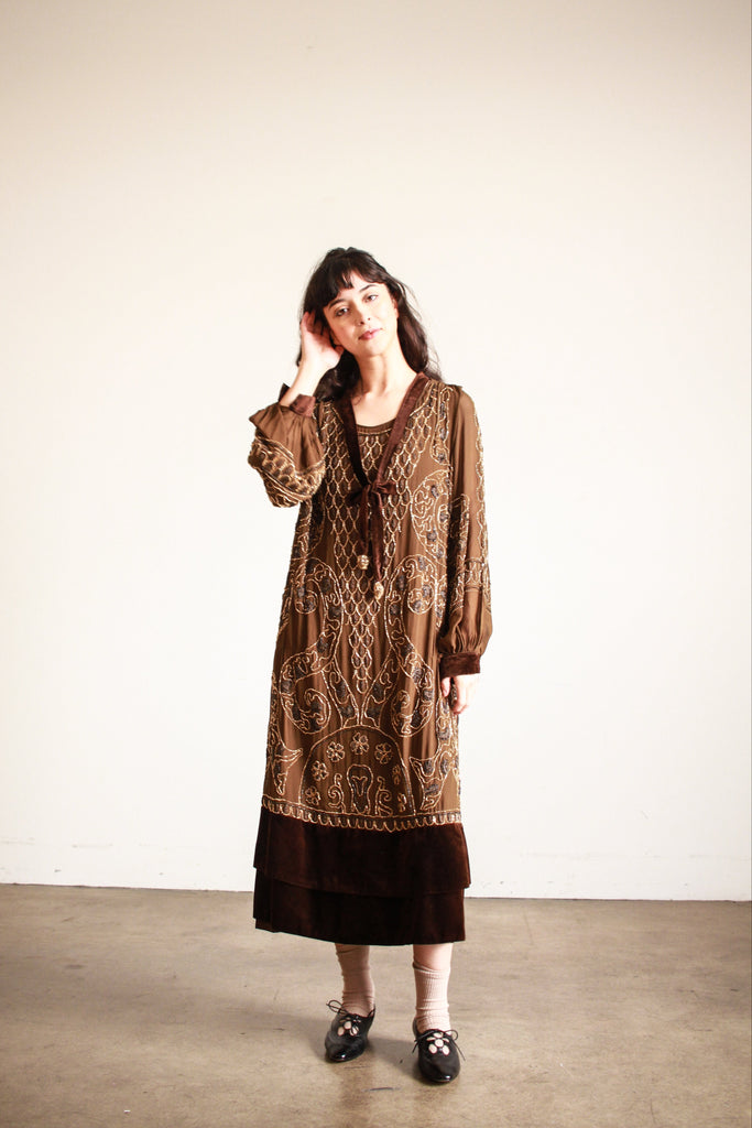 1920s Mocha Silk Fully Beaded Drop Waist Balloon Sleeve Dress Blossom Vintage 1920s Mocha Silk Fully Beaded Drop Waist Balloon Sleeve Dress Blossom Vintage