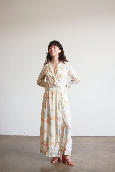 1940s Pale Yellow Floral Ruffle Wrap Dress