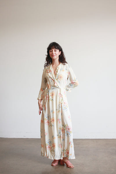 1940s Pale Yellow Floral Ruffle Wrap Dress
