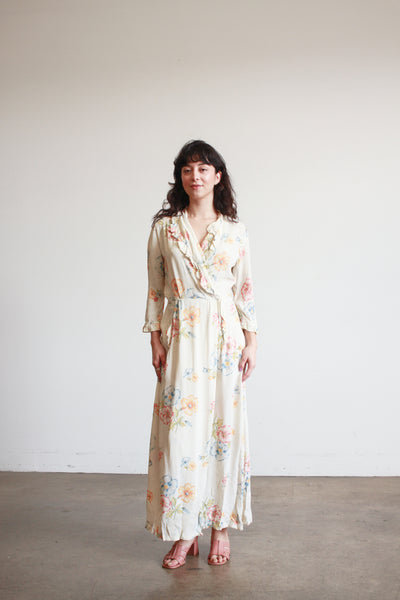 1940s Pale Yellow Floral Ruffle Wrap Dress