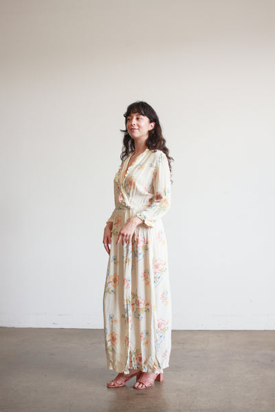 1940s Pale Yellow Floral Ruffle Wrap Dress