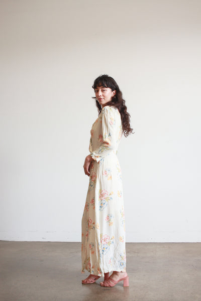 1940s Pale Yellow Floral Ruffle Wrap Dress