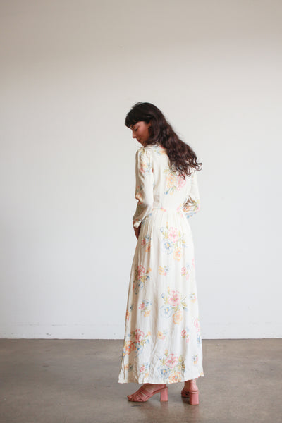 1940s Pale Yellow Floral Ruffle Wrap Dress