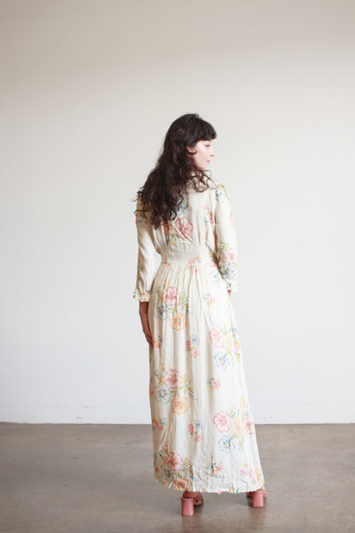 1940s Pale Yellow Floral Ruffle Wrap Dress