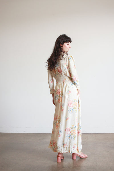 1940s Pale Yellow Floral Ruffle Wrap Dress