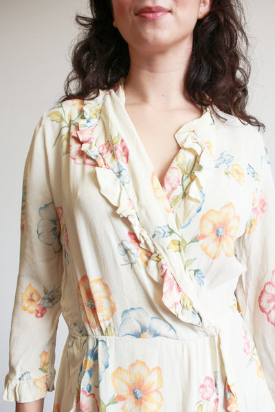 1940s Pale Yellow Floral Ruffle Wrap Dress