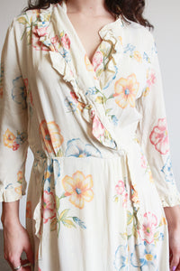 1940s Pale Yellow Floral Ruffle Wrap Dress