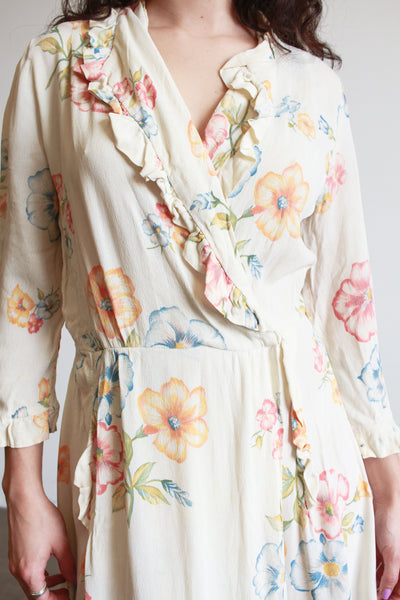 1940s Pale Yellow Floral Ruffle Wrap Dress