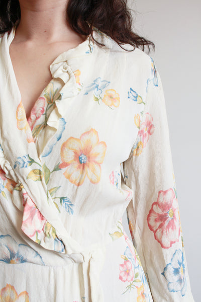 1940s Pale Yellow Floral Ruffle Wrap Dress