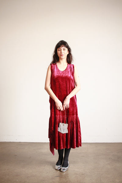 1920s Raspberry Silk Velvet Drop Waist Dress