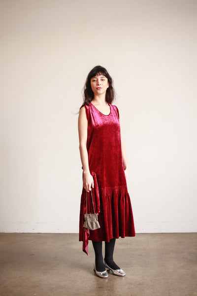 1920s Raspberry Silk Velvet Drop Waist Dress