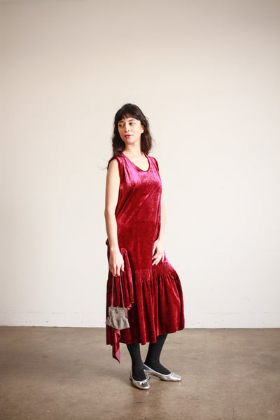 1920s Raspberry Silk Velvet Drop Waist Dress