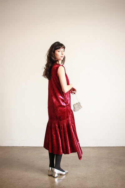 1920s Raspberry Silk Velvet Drop Waist Dress