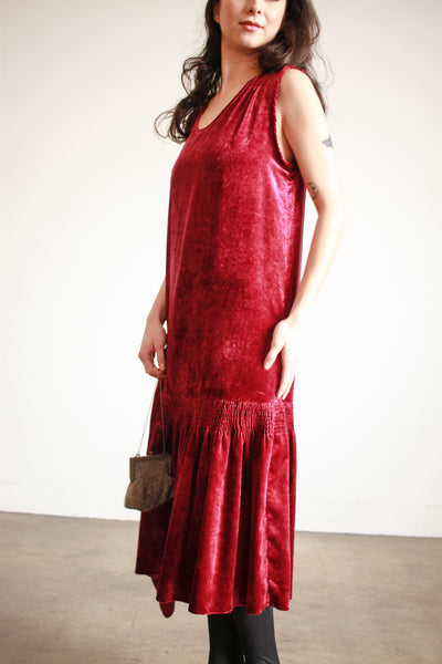 1920s Raspberry Silk Velvet Drop Waist Dress